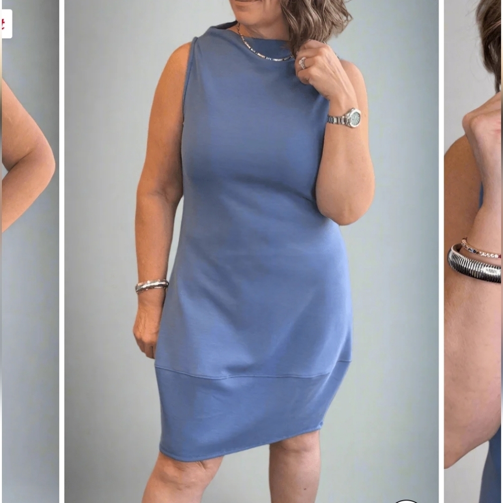 Revir Mod Juno Dress Size Med Blue Tencel Blend Mock Neck Sleeveless Classy Chic
